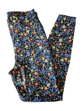 Time and Tru Black Floral High-Rise Leggings with Yellow & Blue Flowers
